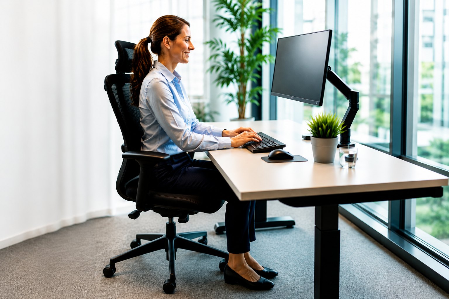 Kvinde ved et hæve-sænkebord med ergonomisk kontorstol og skærm på skærmarm