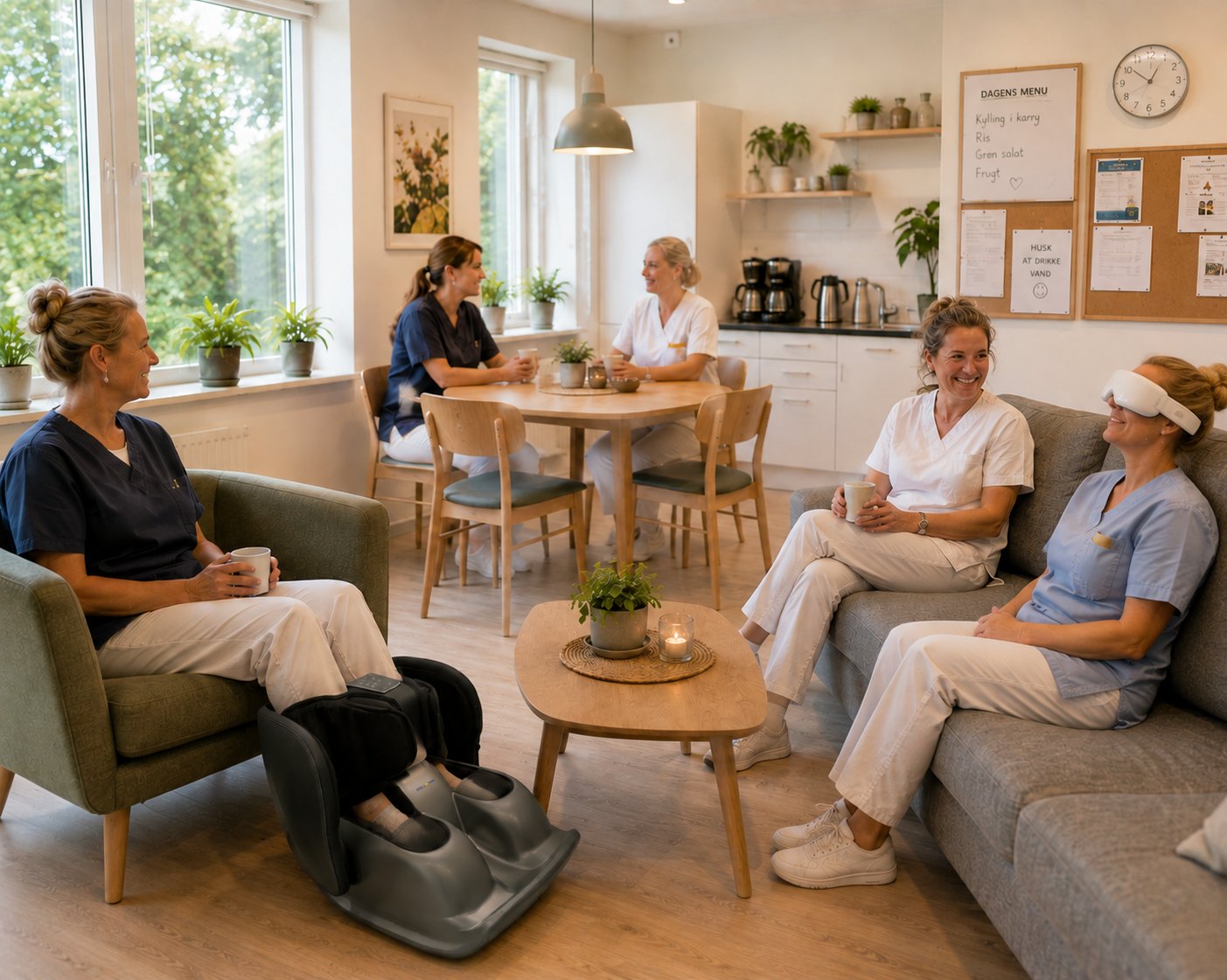 Personalerum hvor sundhedspersonale holder pause – én medarbejder bruger fodmassage, en anden bruger øjenmassagebriller